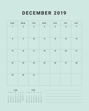 Aralık 2019 Resepsiyon takvim vektör çizim, basit ve temiz tasarım. 
