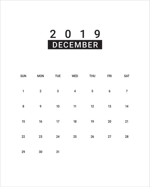 Calendrier Bureau Décembre 2019 Illustration Vectorielle Design Simple Épuré — Image vectorielle