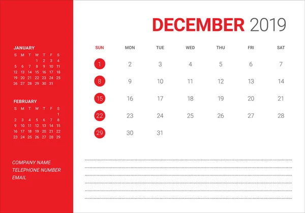 December 2019 Desk Calendar Vector Illustration Simple Clean Design — Stock Vector