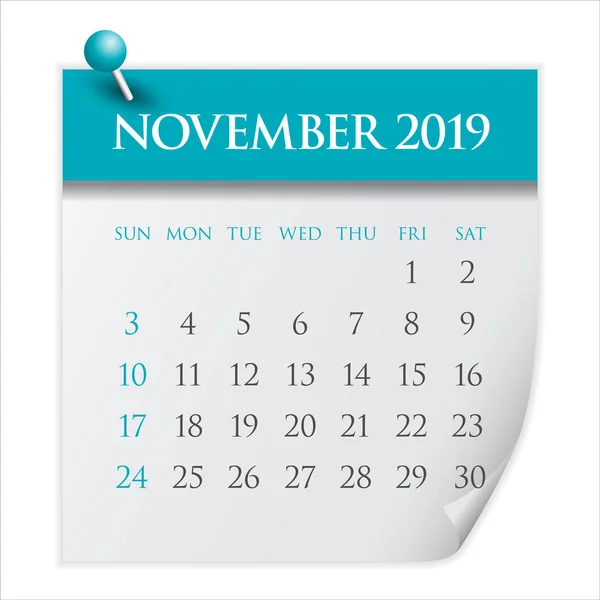 Calendrier Mensuel Novembre 2019 Illustration Vectorielle Design Simple Épuré — Image vectorielle
