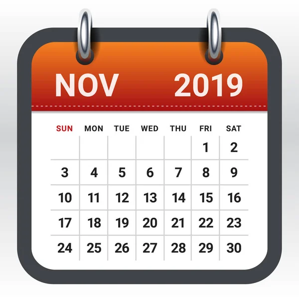 Novembre 2019 Calendario Mensile Illustrazione Vettoriale Design Semplice Pulito — Vettoriale Stock