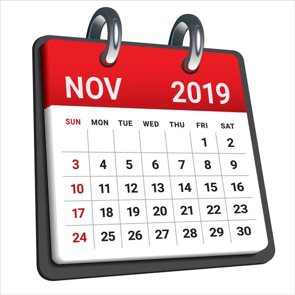 Calendrier Mensuel Novembre 2019 Illustration Vectorielle Design Simple Épuré — Image vectorielle