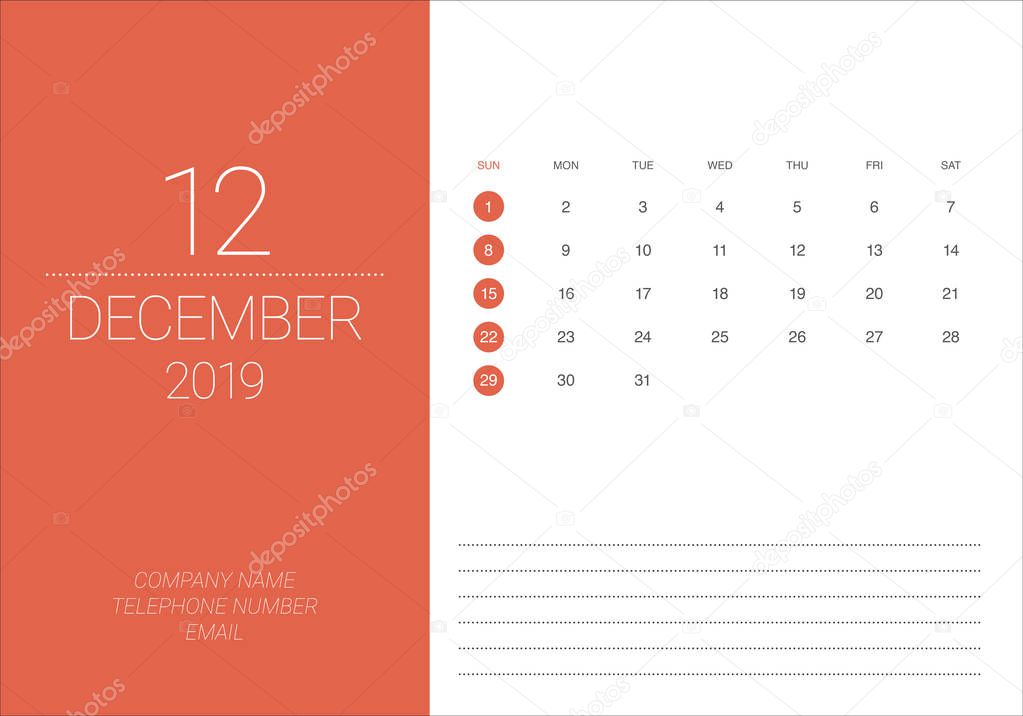 December 2019 desk calendar vector illustration, simple and clean design. 