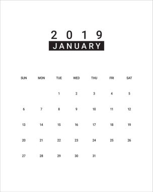 Ocak 2019 Resepsiyon takvim vektör çizim, basit ve temiz tasarım. 