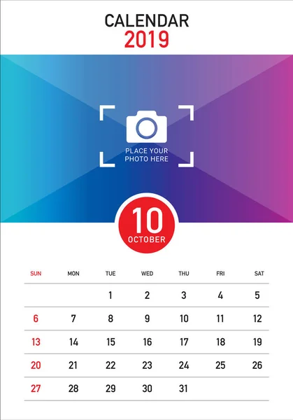 Octubre 2019 Escritorio Calendario Vector Ilustración Diseño Simple Limpio — Vector de stock