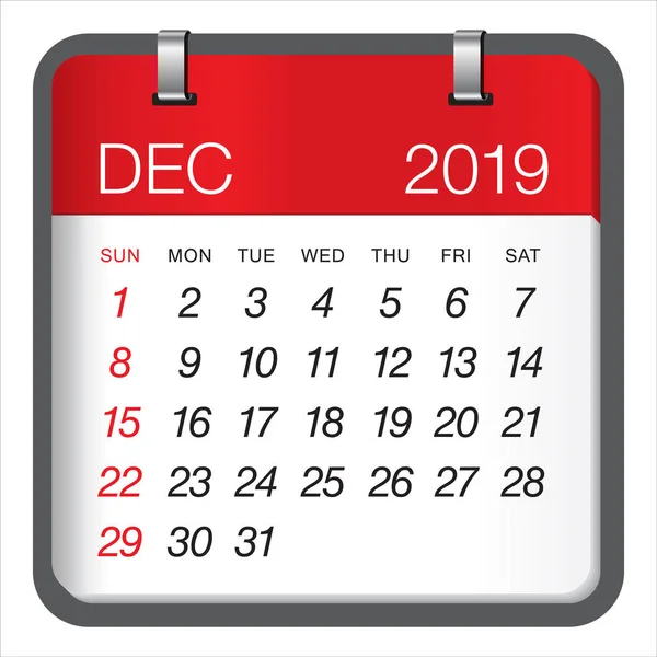 Prosince 2019 Měsíční Kalendář Vektorové Ilustrace Jednoduchý Čistý Design — Stockový vektor