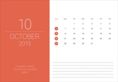 Ekim 2019 Resepsiyon takvim vektör çizim, basit ve temiz tasarım. 