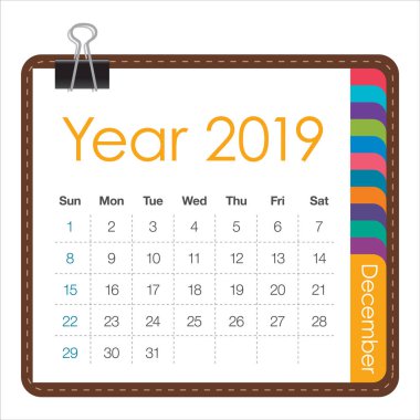 Aralık 2019 aylık takvim vektör çizim, basit ve temiz tasarım. 
