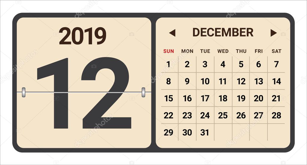 December 2019 monthly calendar vector illustration, simple and clean design. 
