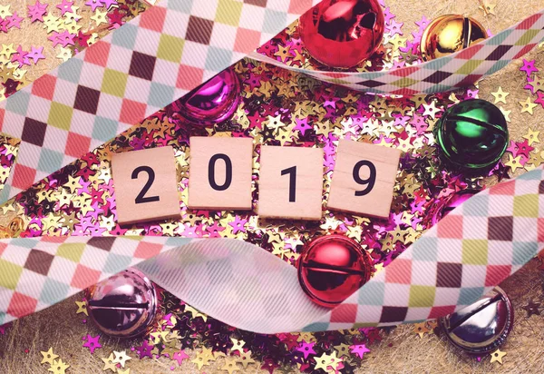 Frohes Neues Jahr 2019 Mit Farbenfroher Dekoration Neujahr Ist Der — Stockfoto