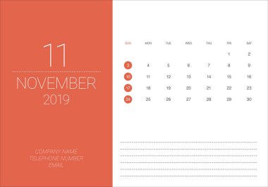 Kasım 2019 Resepsiyon takvim vektör çizim, basit ve temiz tasarım. 