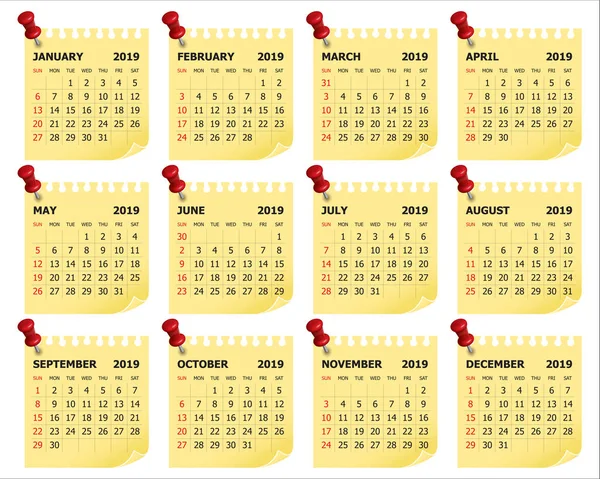 Miesięczny Kalendarz Ilustracja Wektorowa Rok 2019 Prosty Czysty Design — Wektor stockowy
