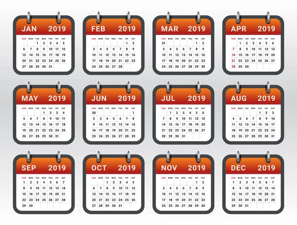 Jahr 2019 Monatliche Kalendervektorabbildung Einfaches Und Sauberes Design — Stockvektor