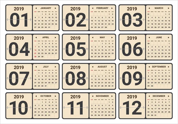 Année 2019 Illustration Vectorielle Calendrier Mensuel Conception Simple Propre — Image vectorielle