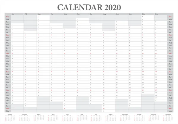 Év 2020 naptár vektor tervezősablon — Stock Vector