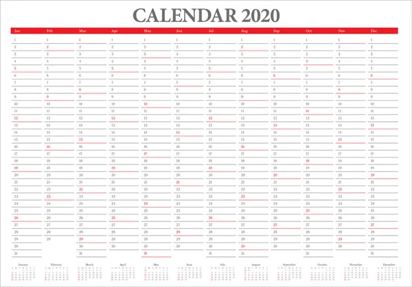 Año 2020 plantilla de diseño de vectores de calendario — Vector de stock