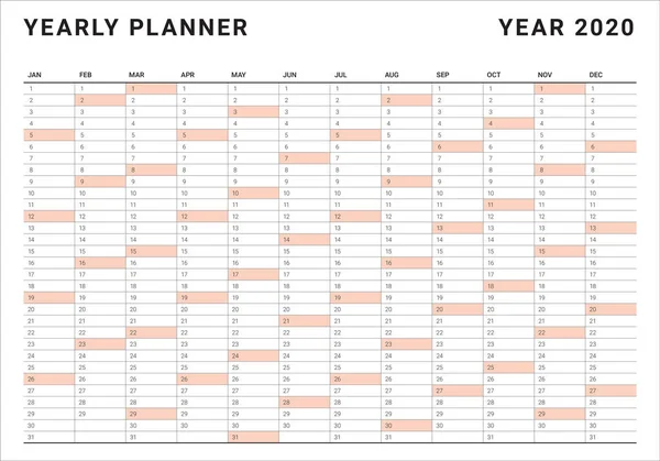 Año 2020 plantilla de diseño de vectores de calendario — Vector de stock