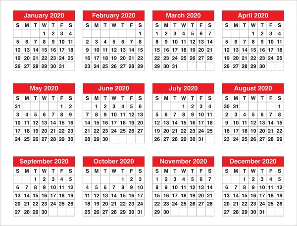 Año 2020 plantilla de diseño de vectores de calendario — Archivo Imágenes Vectoriales