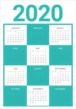 Yıl 2020 takvim vektör tasarım şablonu