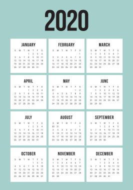 Yıl 2020 takvim vektör tasarım şablonu