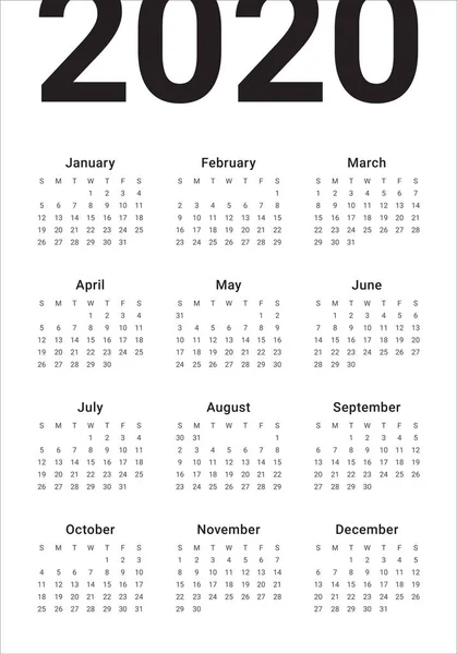 Календар року 2020 векторний шаблон дизайну — стоковий вектор