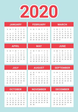 Yıl 2020 takvim vektör tasarım şablonu
