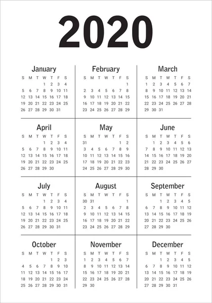 Año 2020 plantilla de diseño de vectores de calendario — Vector de stock