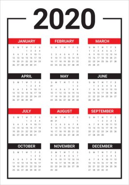 Yıl 2020 takvim vektör tasarım şablonu