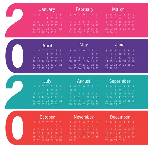 Rok 2020 kalendarz szablon projektu wektor — Wektor stockowy