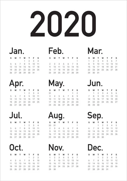 Modello di progettazione vettoriale calendario anno 2020 — Vettoriale Stock