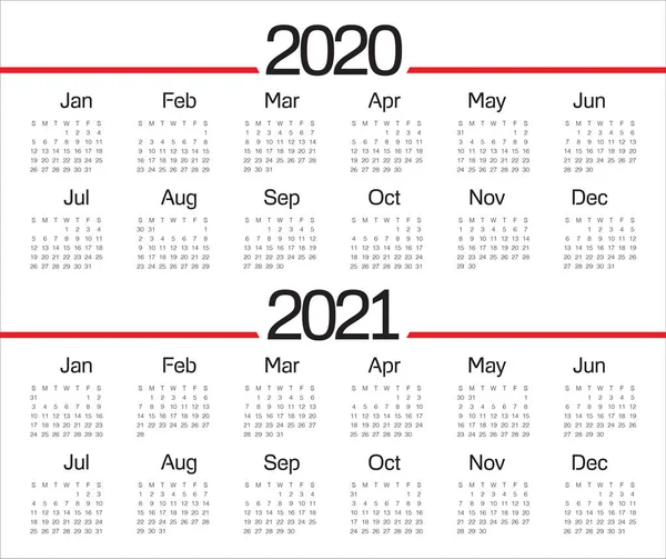 Año 2020 2021 plantilla de diseño de vector de calendario — Vector de stock