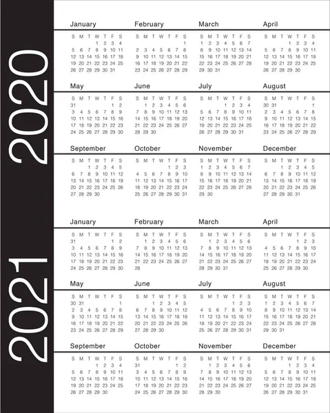 Año 2020 2021 plantilla de diseño de vector de calendario — Vector de stock