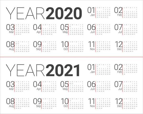 Év 2020 2021 naptár vektor tervezősablon — Stock Vector