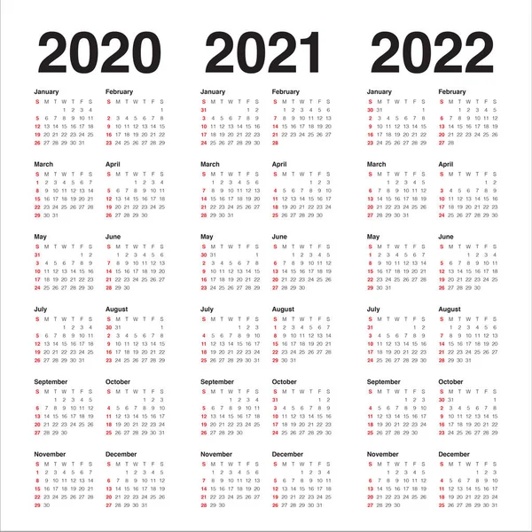 Año 2020 2021 2022 plantilla de diseño de vector de calendario — Archivo Imágenes Vectoriales