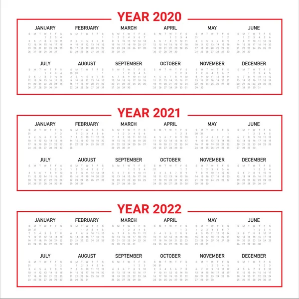 År 2020 2021 2022 kalender vektor formgivningsmall — Stock vektor