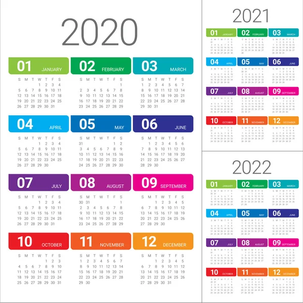 Año 2020 2021 2022 plantilla de diseño de vector de calendario — Archivo Imágenes Vectoriales