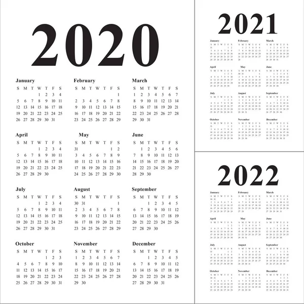 Yıl 2020 2021 2022 takvim vektör tasarım şablonu — Stok Vektör