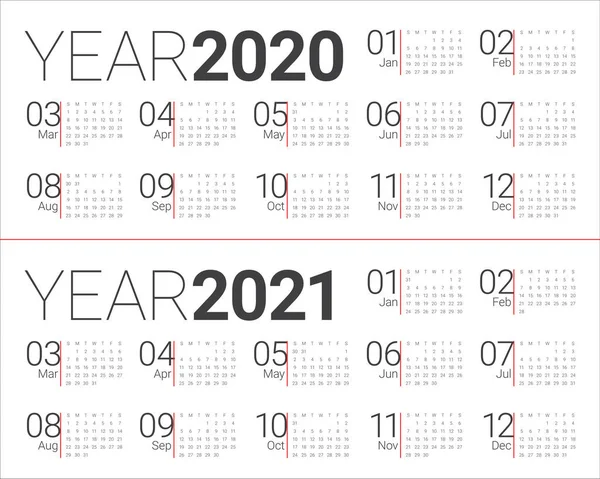 Anno 2020 2021 modello di progettazione vettoriale del calendario — Vettoriale Stock