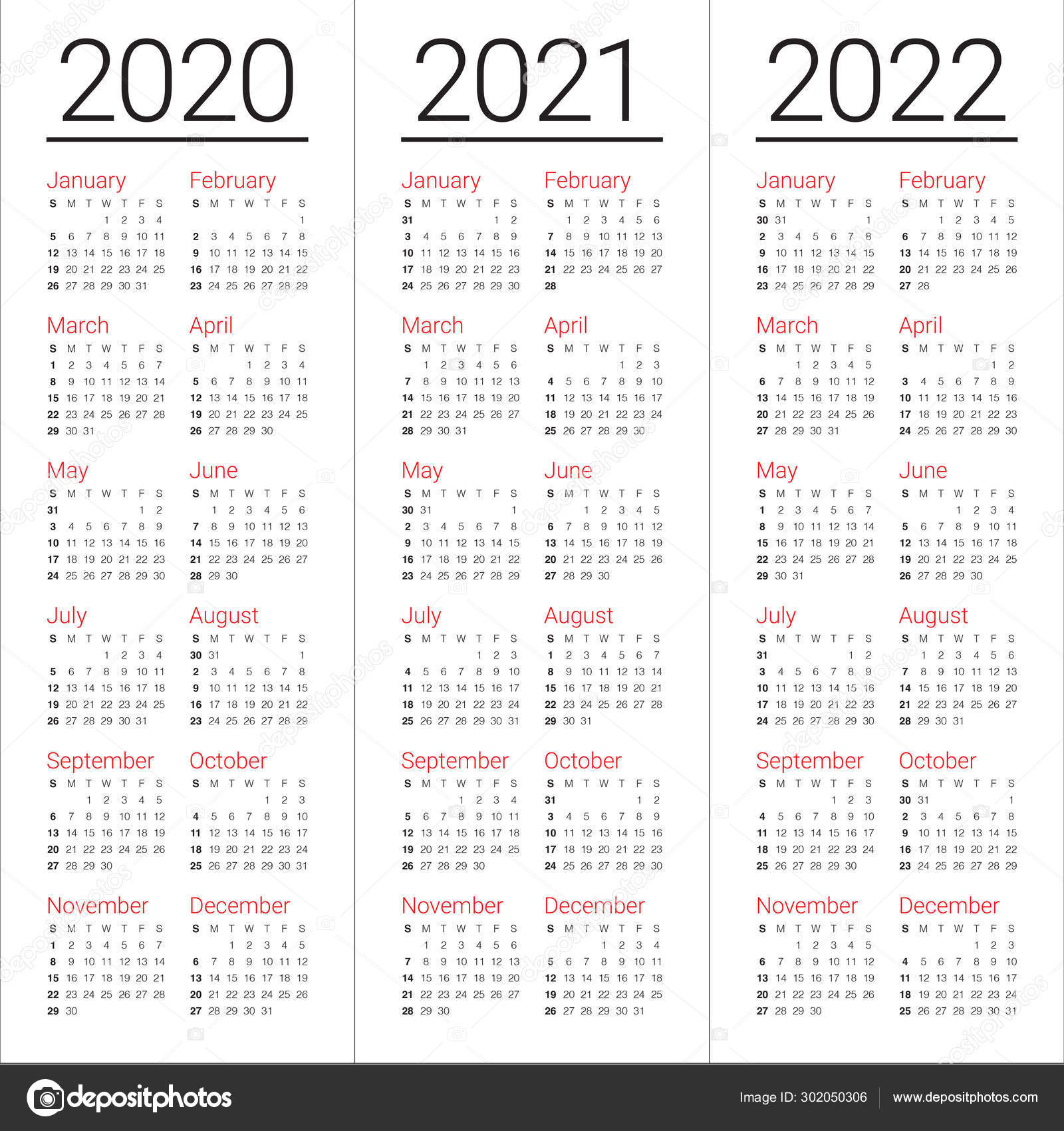 Year 2020 2021 2022 Calendar Vector Design Template Stock Vector Image By C Dolphfynlow 302050306