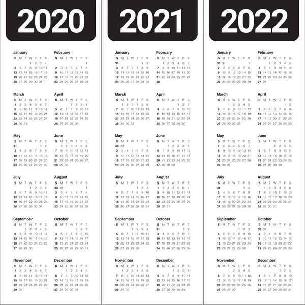 Anno 2020 2021 2022 calendario modello di progettazione vettoriale — Vettoriale Stock