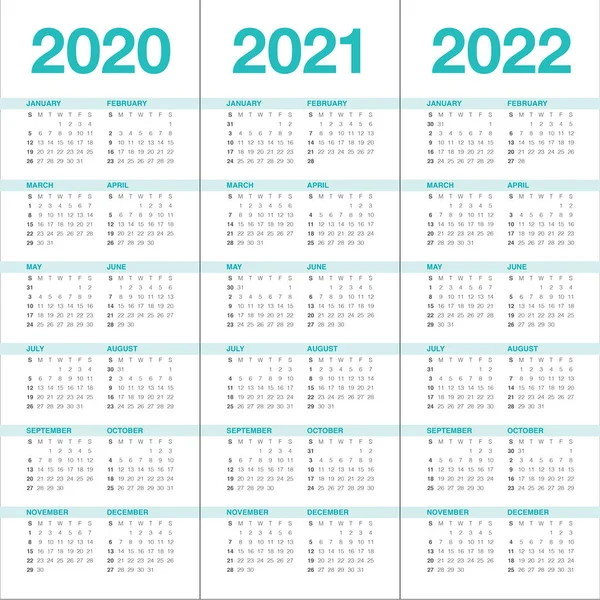 Anno 2020 2021 2022 calendario modello di progettazione vettoriale — Vettoriale Stock
