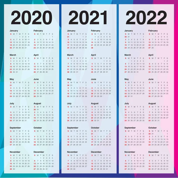 Jaar 2020 2021 2022 kalender vector ontwerpsjabloon — Stockvector