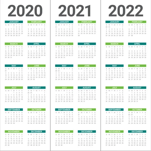 Rok 2020 2021 2022 šablona návrhu kalendáře — Stockový vektor