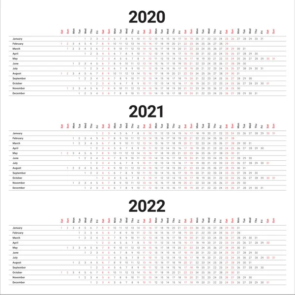 Year 2020 2021 2022 calendar vector design template — Stock Vector