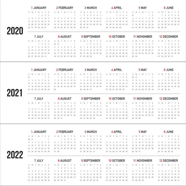 Año 2020 2021 2022 plantilla de diseño de vector de calendario — Vector de stock