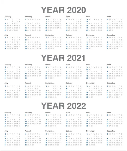 Año 2020 2021 2022 plantilla de diseño de vector de calendario — Vector de stock