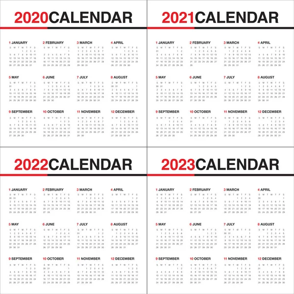 Año 2020 2021 2022 2023 plantilla de diseño de vector de calendario — Vector de stock