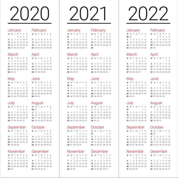 Anno 2020 2021 2022 calendario modello di progettazione vettoriale — Vettoriale Stock