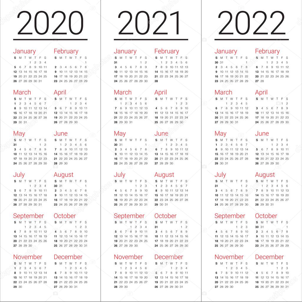 Year 2020 2021 2022 calendar vector design template