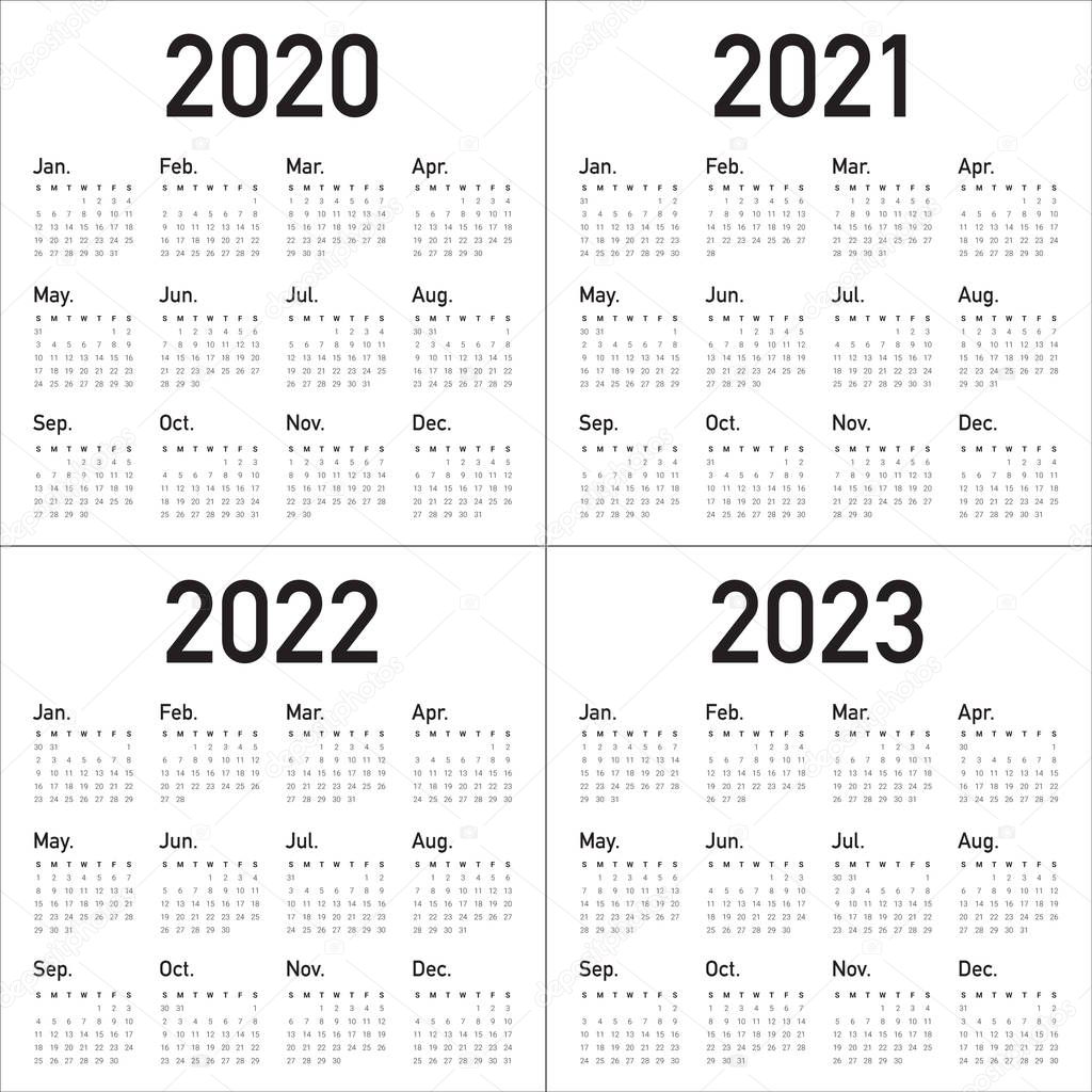 Year 2020 2021 2022 2023 Calendar Vector Design Template Simple And